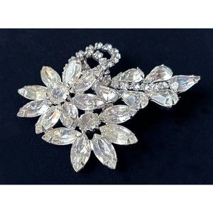 Vintage Rhinestone Flower Brooch - MCM Rhodium Plate Floral Pin